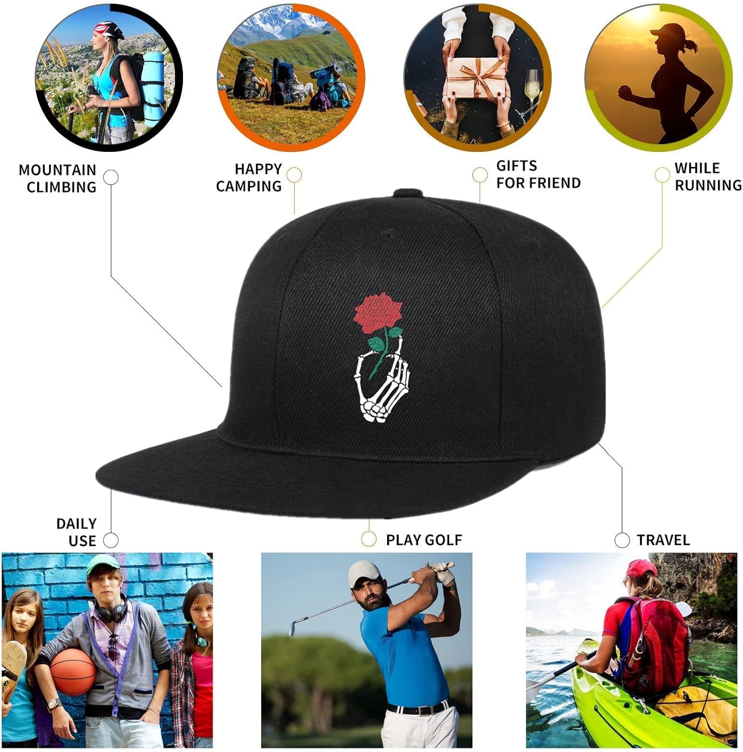 Snapback Hats for Mens Skull Hat Flat Bill Gorras Planas Para Hombres Black Snap Backpack Brim Baseball Cap